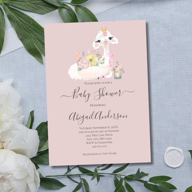Invitación Ducha de Llama Blanca Flores Rosadas para Bebé (Llama Pink White Baby Shower Invitation)