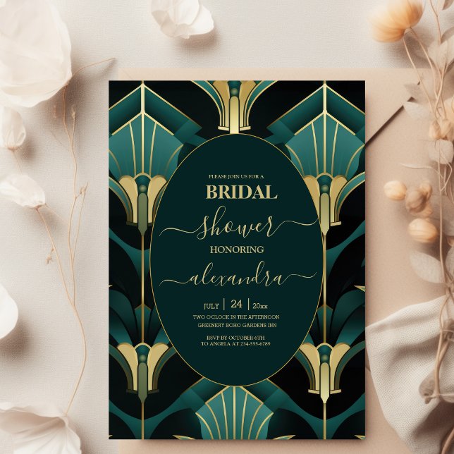 Invitación Ducha de lujo verde y dorada Art Deco Bridal (Subido por el creador)