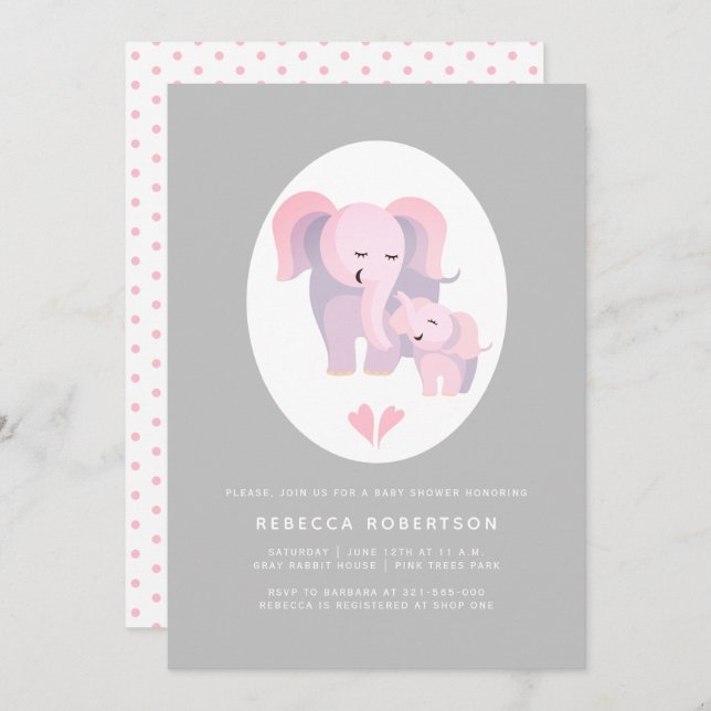 Invitación Ducha de madre y de bebé de elefante rosa lindo (Anverso / Reverso)