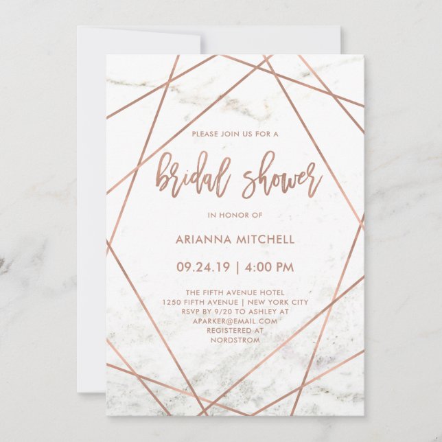 Invitación Ducha de marble y Rosa geométrica de oro (Anverso)
