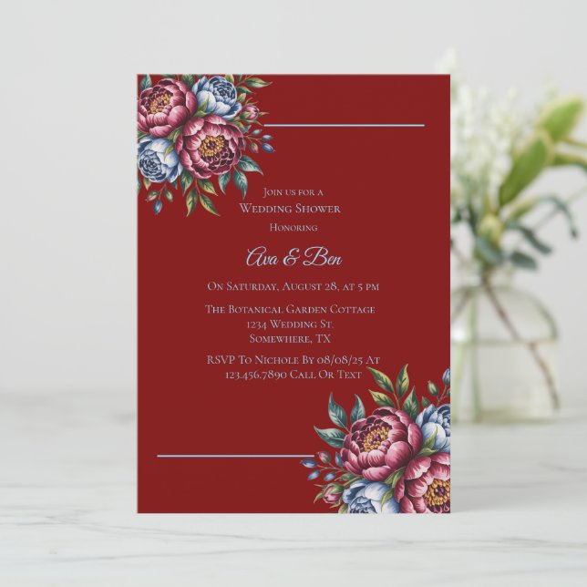Invitación Ducha de matrimonio borgoñona y Rosa azul (Anverso de pie)