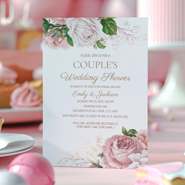 Invitación Ducha de matrimonio de pareja floral rosa de Rubor (Blush pink vintage floral couple's wedding shower invitation)