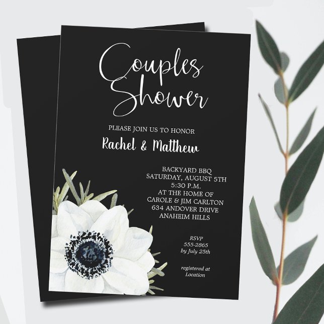 Invitación Ducha de matrimonio de parejas florales blancas y  (Black and White Flowers Couples Wedding  Shower Invitations, INSTANT DOWNLOAD and/or PRINTED)