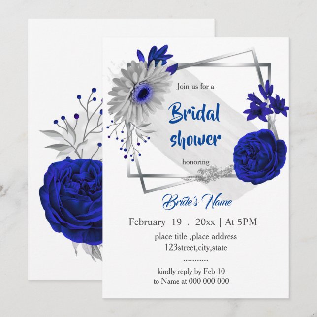 Invitación ducha de matrimonio floral de plata azul real (Anverso / Reverso)