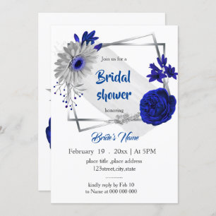 Invitación ducha de matrimonio floral de plata azul real