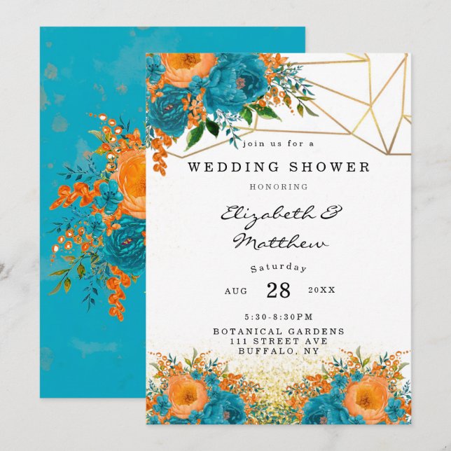 Invitación Ducha de matrimonio floral pintada de verde azulad (Anverso / Reverso)