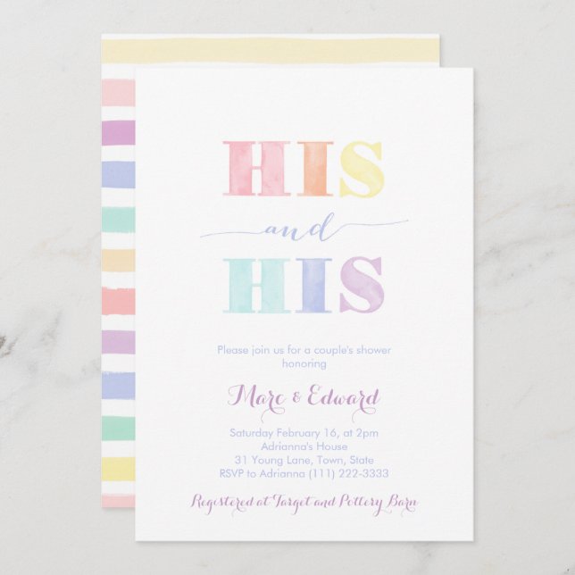 Invitación Ducha de matrimonio gay masculino, arco iris LGBTQ (Anverso / Reverso)