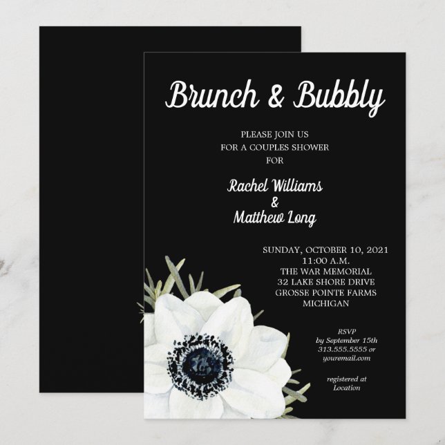 Invitación Ducha de matrimonio para parejas de anémonas negra (Anverso / Reverso)