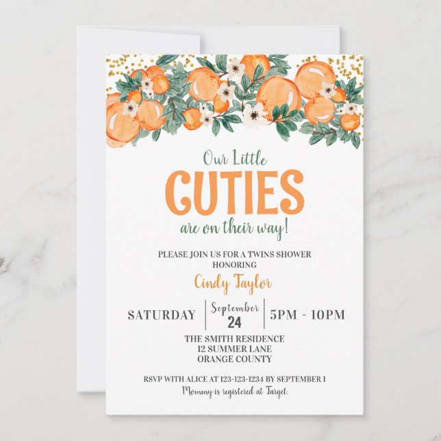 Invitación Ducha de mellizos de verano, Baby Shower de cítric (Anverso)