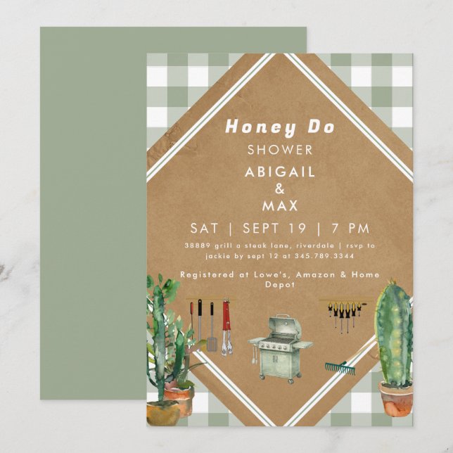 Invitación Ducha de miel de gingham salvia (Anverso / Reverso)