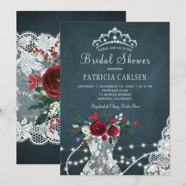 Invitación Ducha de moda floral rústica y elegante en inviern (Anverso / Reverso)