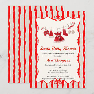 Invitación Ducha de Navidad para Bebé Ropa de Santa Rojo y