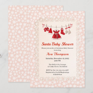 Invitación Ducha de Navidad para Bebé Ropa de Santa Rojo y
