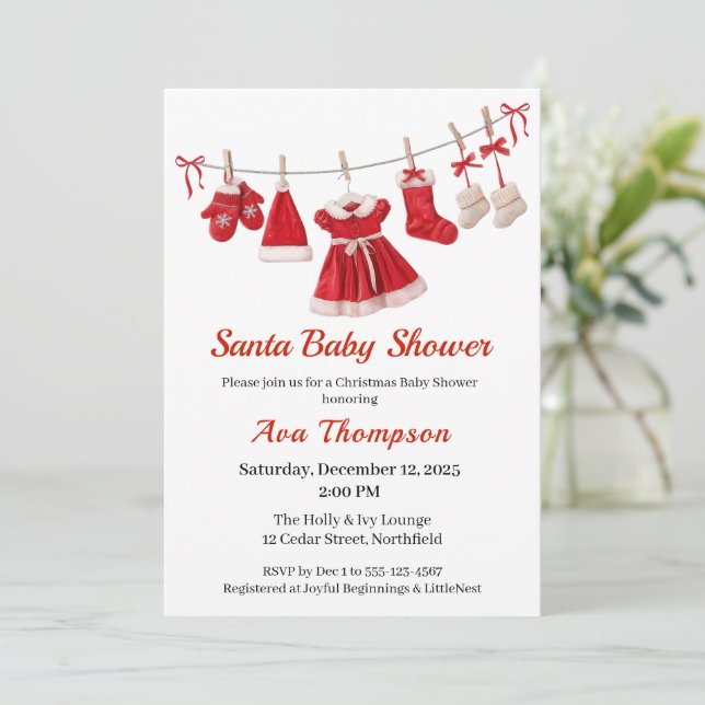 Invitación Ducha de Navidad para Bebé | Ropa de Santa Rojo y  (Anverso de pie)