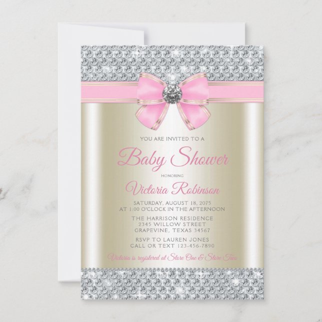 Invitación Ducha de Niña Bebé Brillante con Oro Rosa (Anverso)