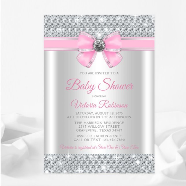 Invitación Ducha de Niña Bebé Brillo Plateado Rosa (You can change all of the text, fonts, etc.)