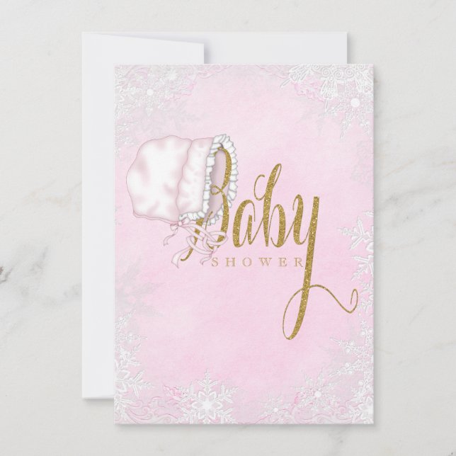 Invitación Ducha de Niña Bebé Copo de Nieve de Oro Rosa (Anverso)