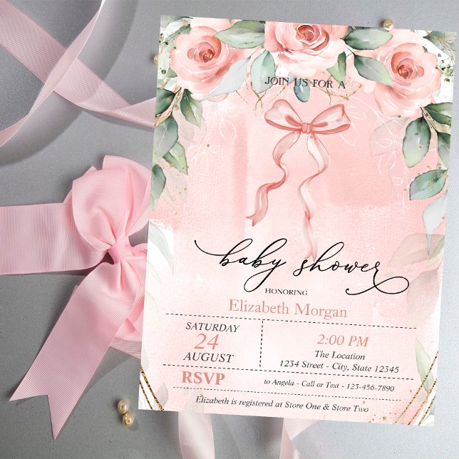 Invitación Ducha de Niña con Lazo de Rosas Rosadas (Subido por el creador)