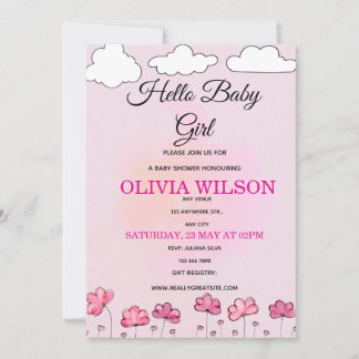 Invitación Ducha de niña con nubes y flores de acuarela rosa