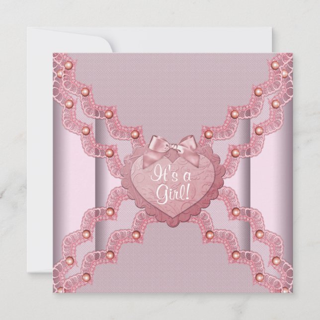 Invitación Ducha de niña corazón de encaje rosa perla rosa (Anverso)
