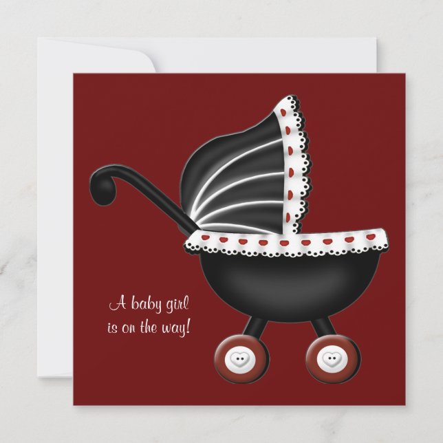 Invitación Ducha de niña de cochecito de bebé rojo (Anverso)