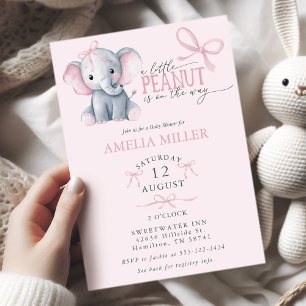 Invitación Ducha de niña de elefante con lazo rosa acuarela