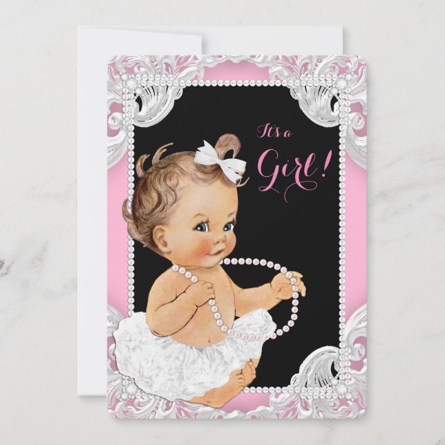 Invitación Ducha de niña de tutú blanco perla rosa y negro (Anverso)