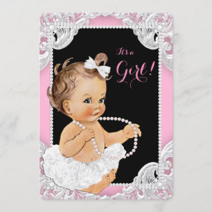 Invitación Ducha de niña de tutú blanco perla rosa y negro