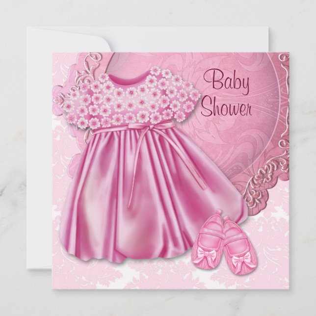 Invitación Ducha de niña de vestido rosa damasco rosa (Anverso)