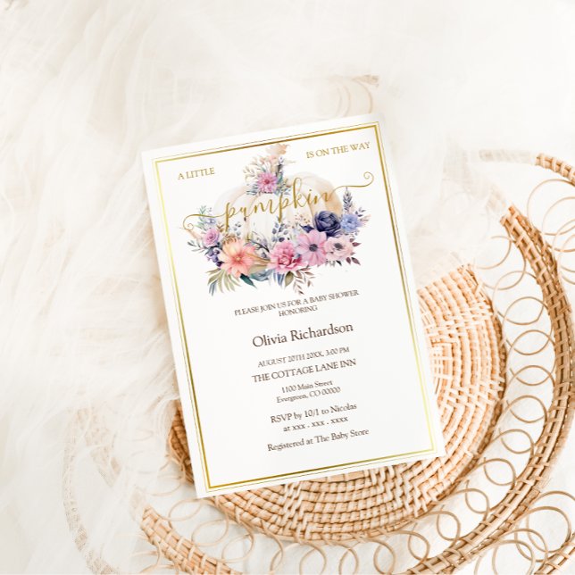 Invitación Ducha de Niña Pumpkin Floral Hoja de Oro (Subido por el creador)