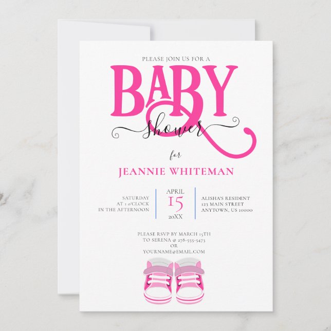 INVITACIÓN DUCHA DE NIÑAS DE BEBÉ, BOLSAS DE ROSA, TIPOGRAFÍA (Anverso)
