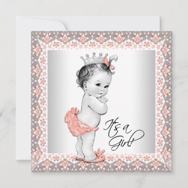 Invitación Ducha de niñas niñas de coral y gris (Anverso)