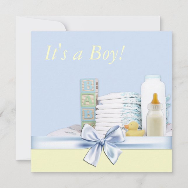 Invitación Ducha de niño bebé azul y amarillo (Anverso)