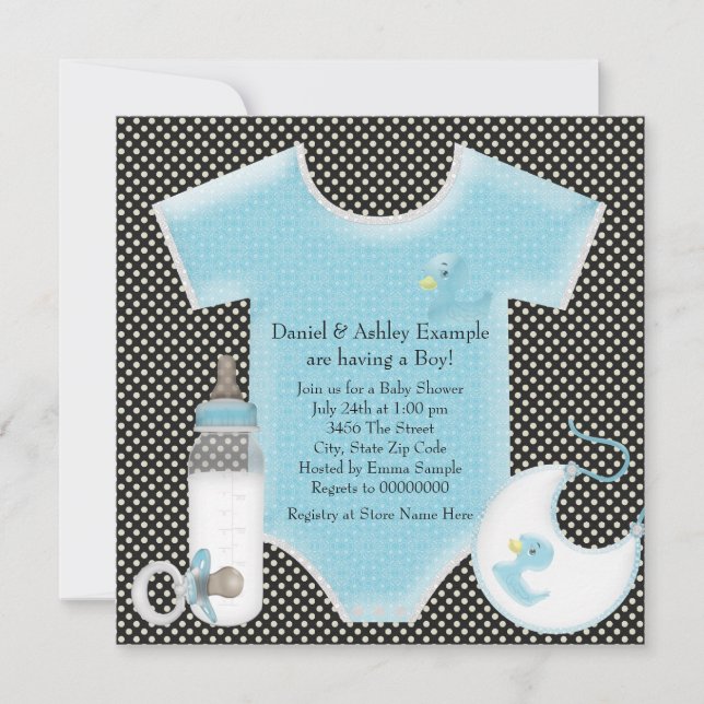 Invitación Ducha de niño bebé con punto de polka azul y azul (Anverso)