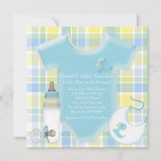 Invitación Ducha de niño bebé con tostado azul y amarillo (Anverso)