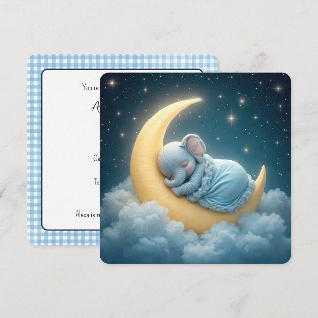 Invitación Ducha de niño bebé elefante azul (Anverso / Reverso)