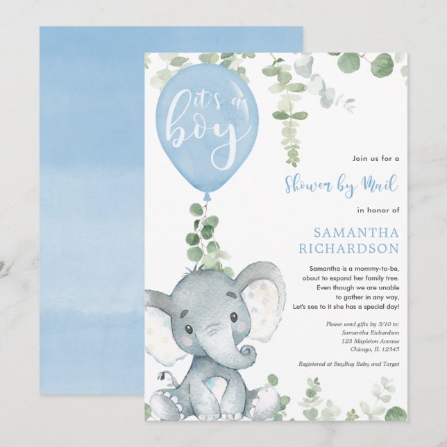 Invitación Ducha de niño de elefante suave por correo (Anverso / Reverso)