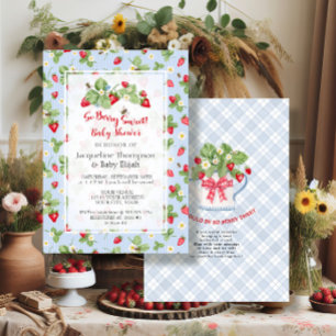 Invitación Ducha de niño de Fresa Tan Dulce con Gingham Azul