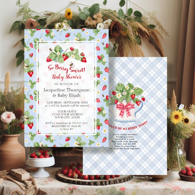 Invitación Ducha de niño de Fresa Tan Dulce con Gingham Azul (Subido por el creador)