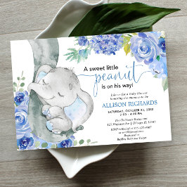 Invitación Ducha de niño, elefante acuarela azul floral