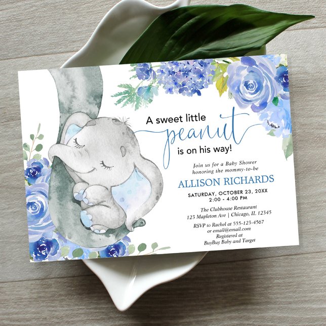 Invitación Ducha de niño, elefante acuarela azul floral (Subido por el creador)