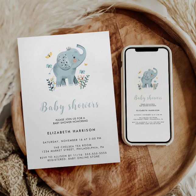 Invitación Ducha de niño elefante azul Adorable (Subido por el creador)