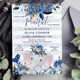 Invitación Ducha de niño elefante floral azul y dorado de la 