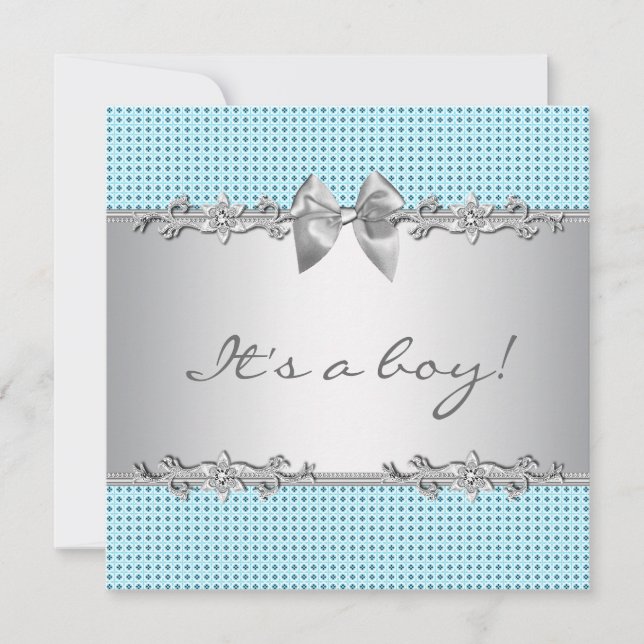 Invitación Ducha de Niño Plateado Gris Azul Blanco (Anverso)