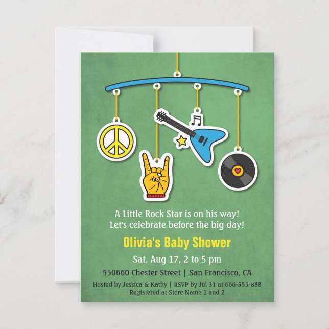 Invitación Ducha de Niño Retro Paz Guitarra Rock and Roll Beb (Anverso)