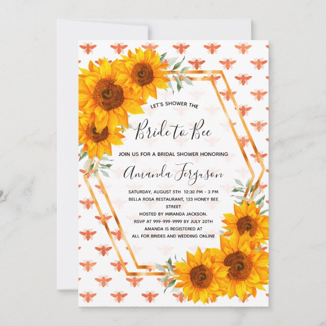 Invitación Ducha de novia abejas girasoles rosa oro blanco (Anverso)