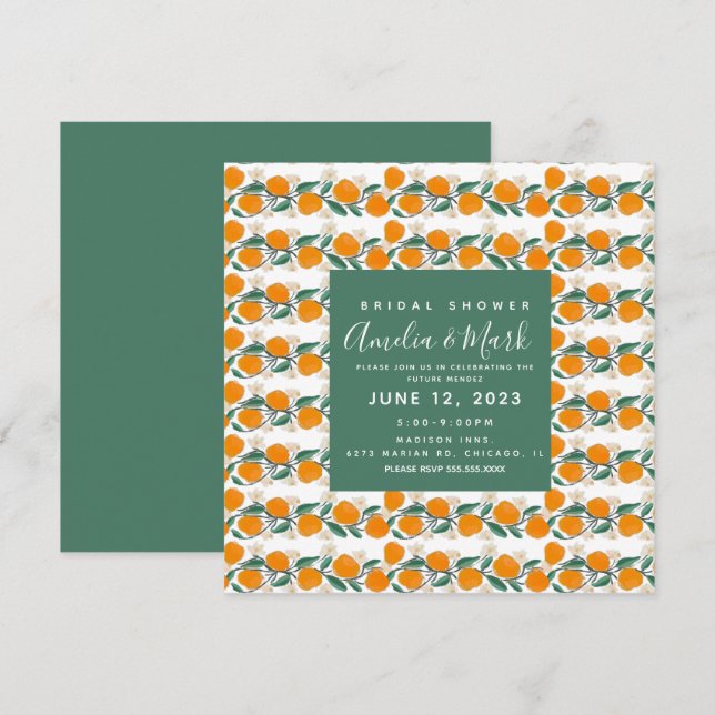 Invitación Ducha de Novia Abstracta Botánica de Naranja Dibuj (Anverso / Reverso)