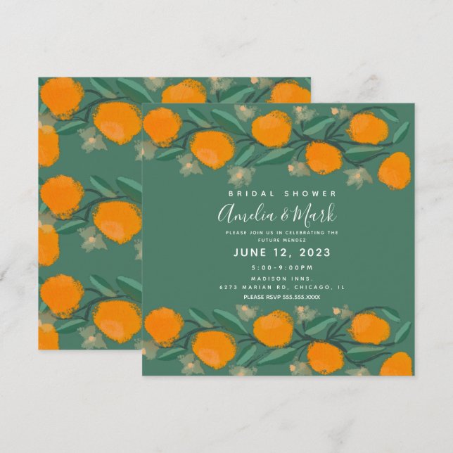Invitación Ducha de Novia Abstracta Botánica Naranja Dibujada (Anverso / Reverso)
