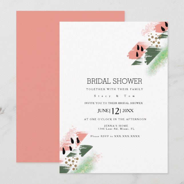 Invitación Ducha de Novia Abstracta y Moderna de Sandía con A (Anverso / Reverso)