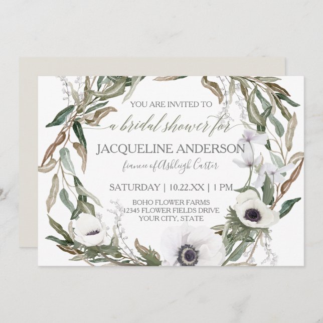 Invitación Ducha de novia acuarela Anemone Olive Leaf Wreath (Anverso / Reverso)